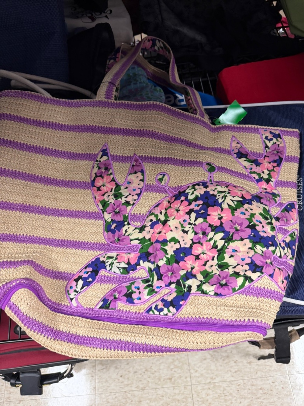 Vera Bradley Tan and Purple Striped Floral Crab Tote